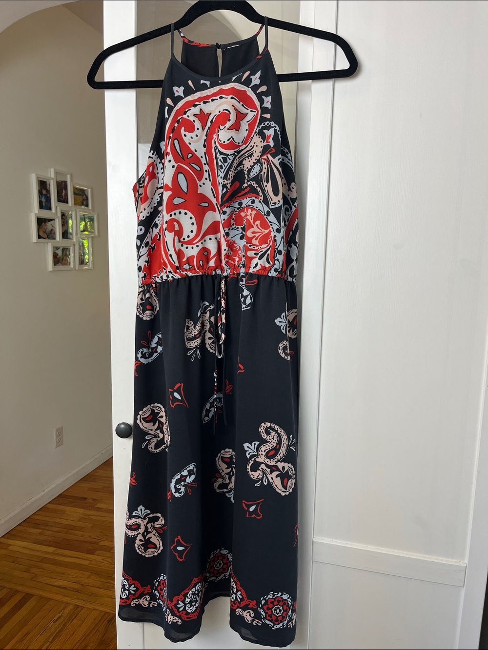 LOFT Black Midi Dress with Red & Cream Paisley